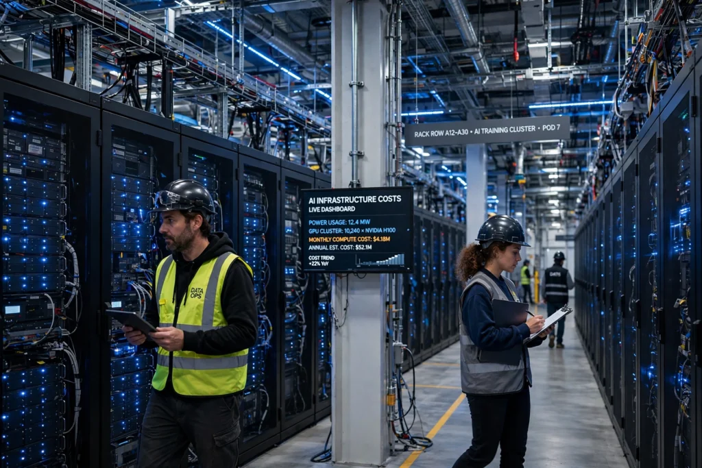 AI Data Center Spending Is Outpacing Expected Revenue, Analysts Warn Engineers walking through a large modern AI data center with rows of servers