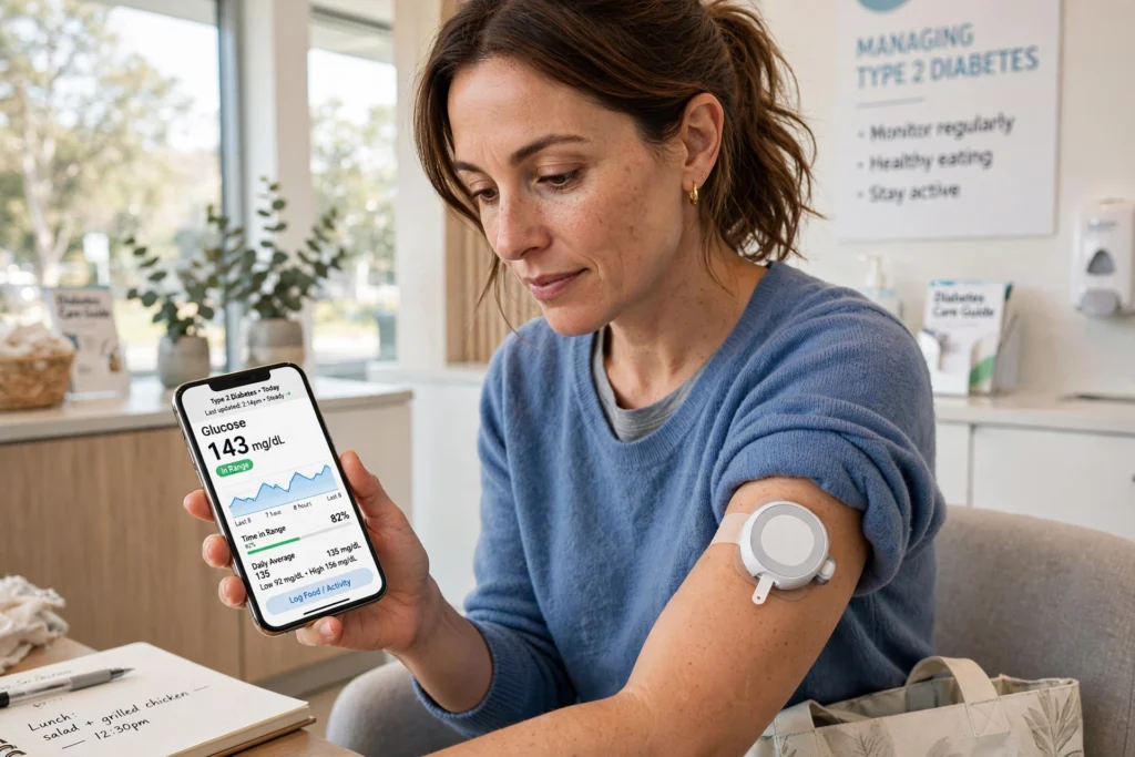 Continuous Glucose Monitors Help Type 2 Diabetes Patients Stay in Range Longer Person with type 2 diabetes using a continuous glucose monitor and smartphone app