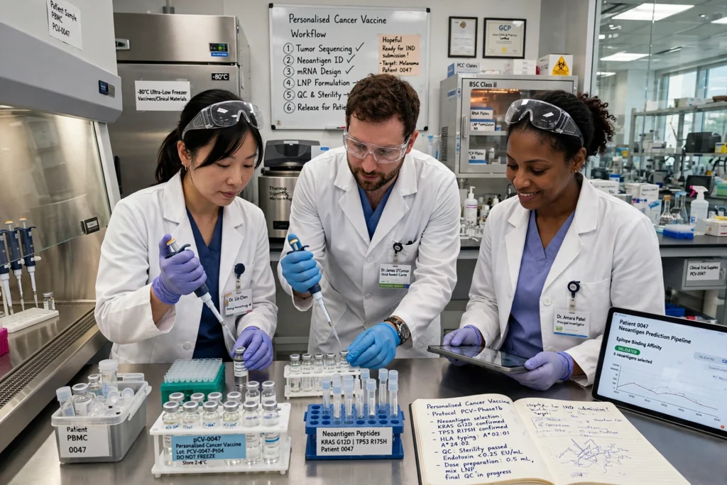 NeoVax Plus Nivolumab: Early Results in Ovarian Cancer Researchers preparing a personalised cancer vaccine in a laboratory